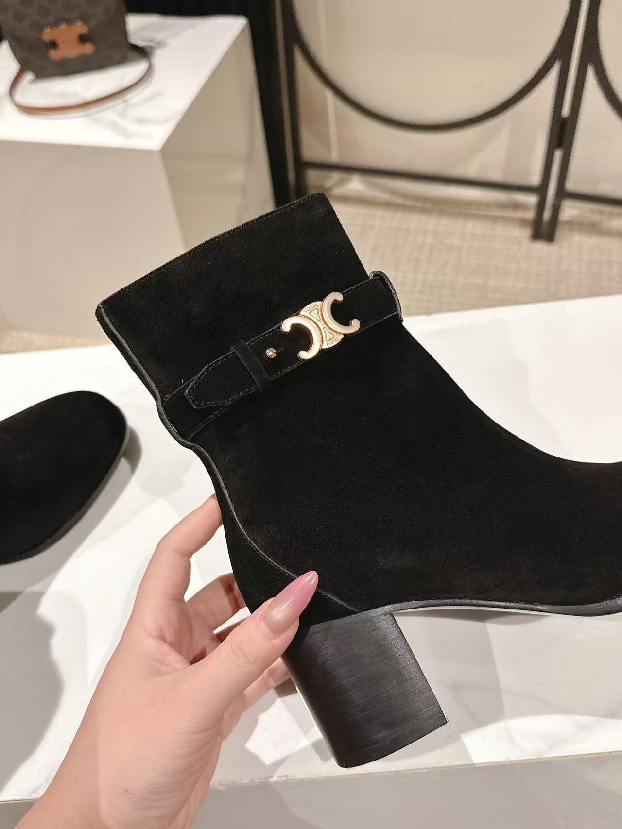 Celine Garance Triomphe Strap Boot 60mm Black Suede