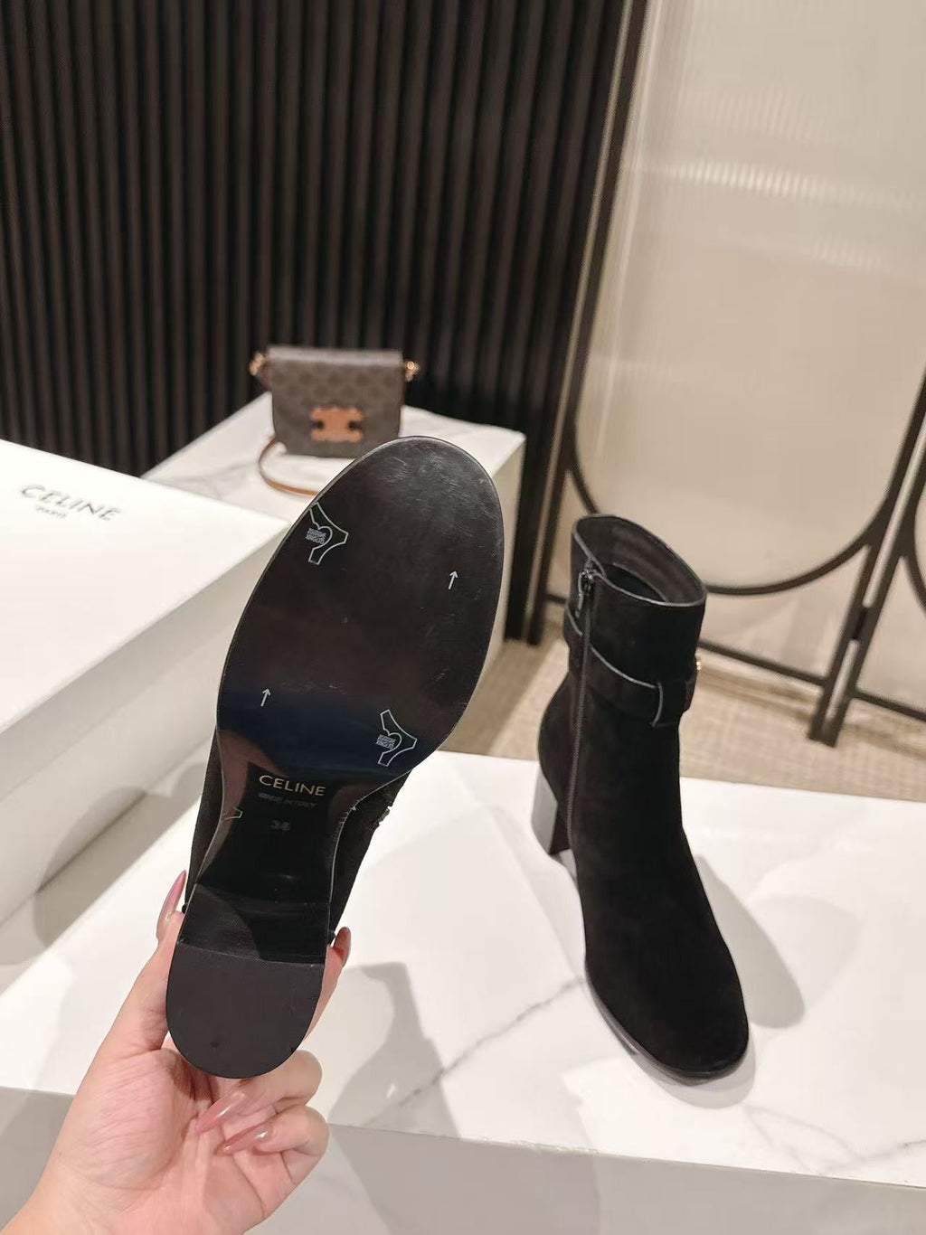 Celine Garance Triomphe Strap Boot 60mm Black Suede