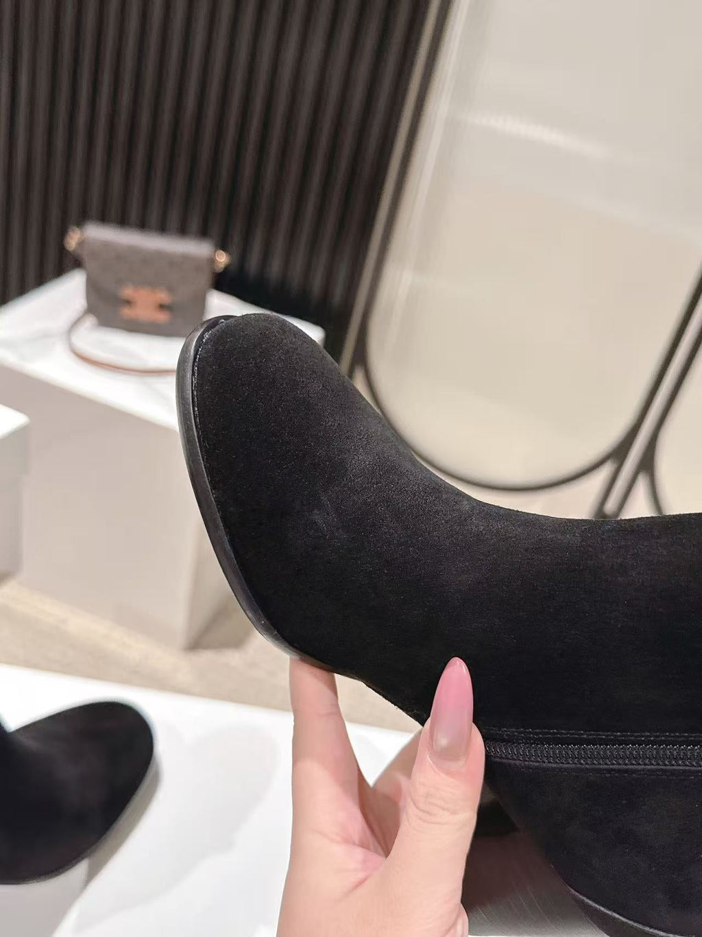 Celine Garance Triomphe Strap Boot 60mm Black Suede