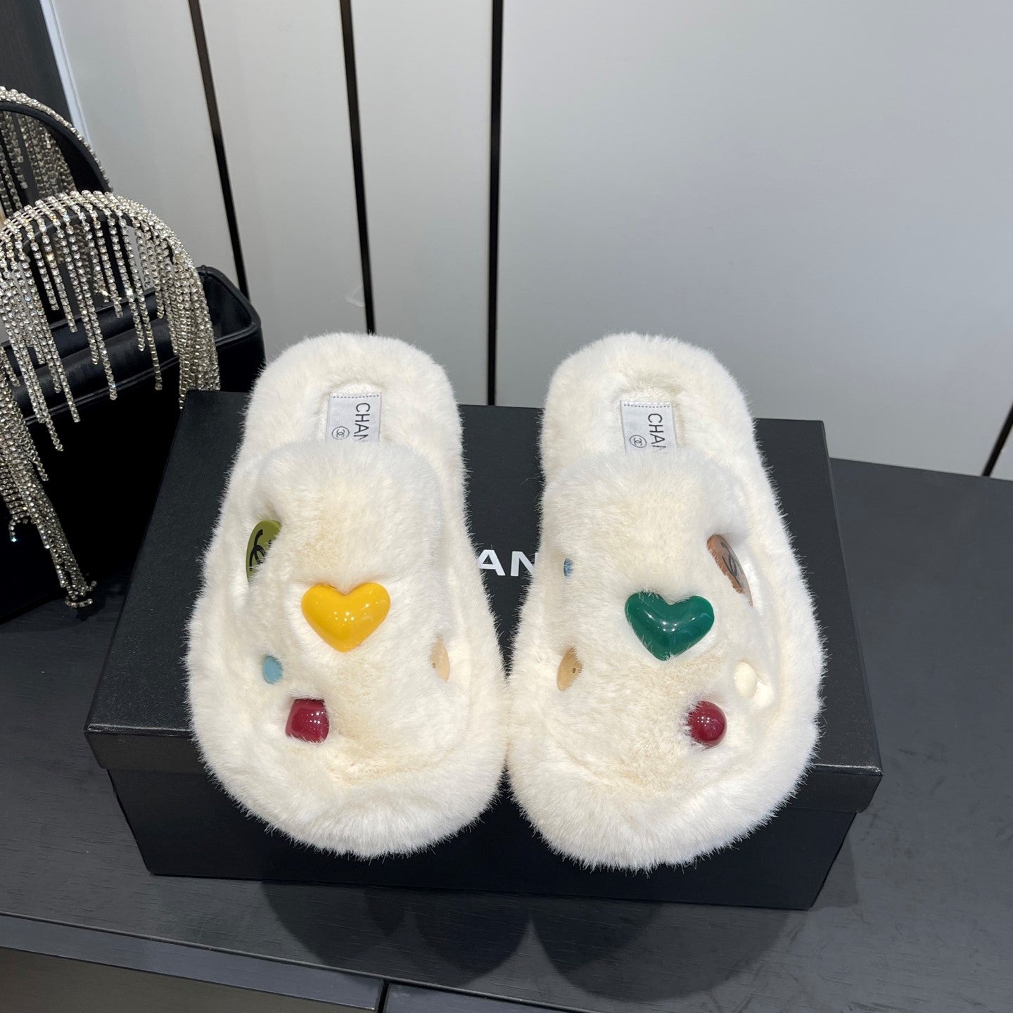 CC Double C Furry Slippers White Fur 554699
