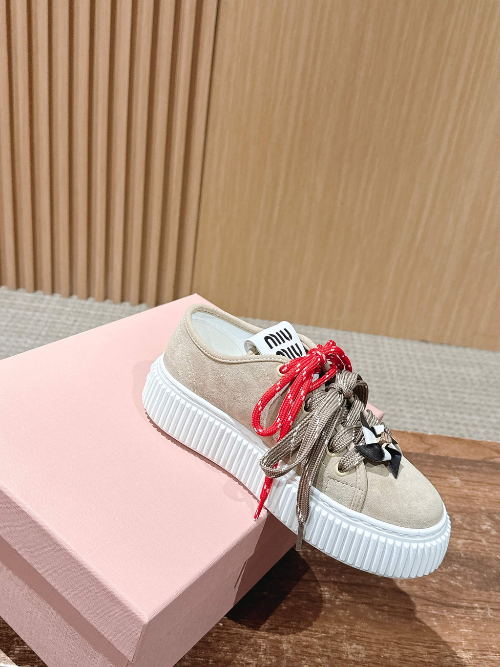 Miumiu 25 Platform Sneakers Beige Red Suede Wool 553690