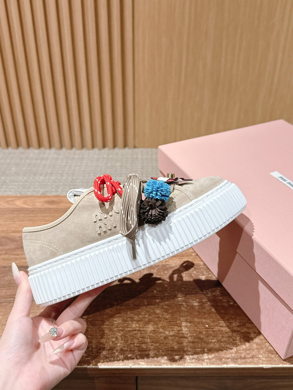 Miumiu 25 Platform Sneakers Beige Red Suede Wool 553690