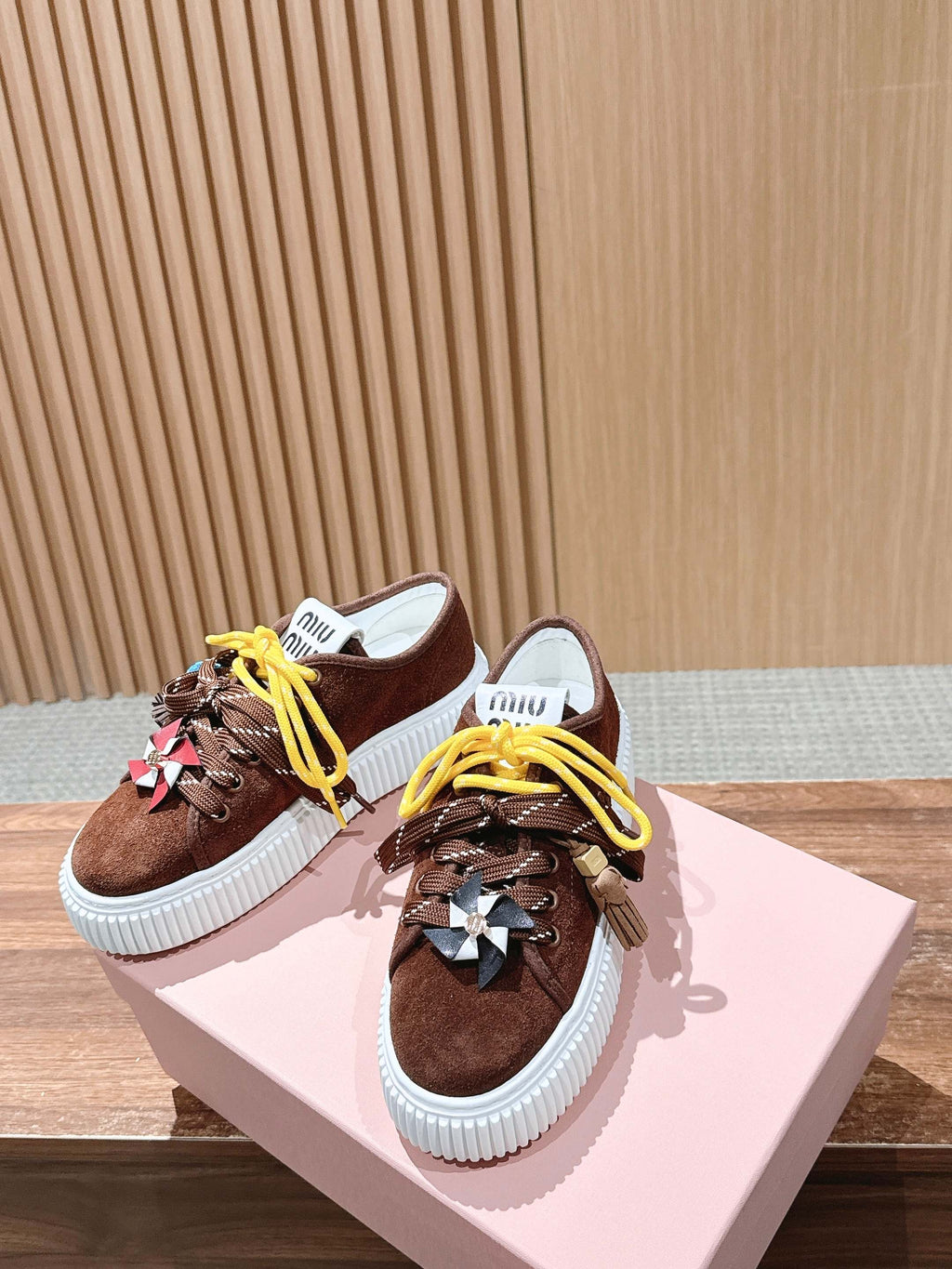 Miumiu 25 Platform Sneakers Brown Yellow Suede Wool 553691