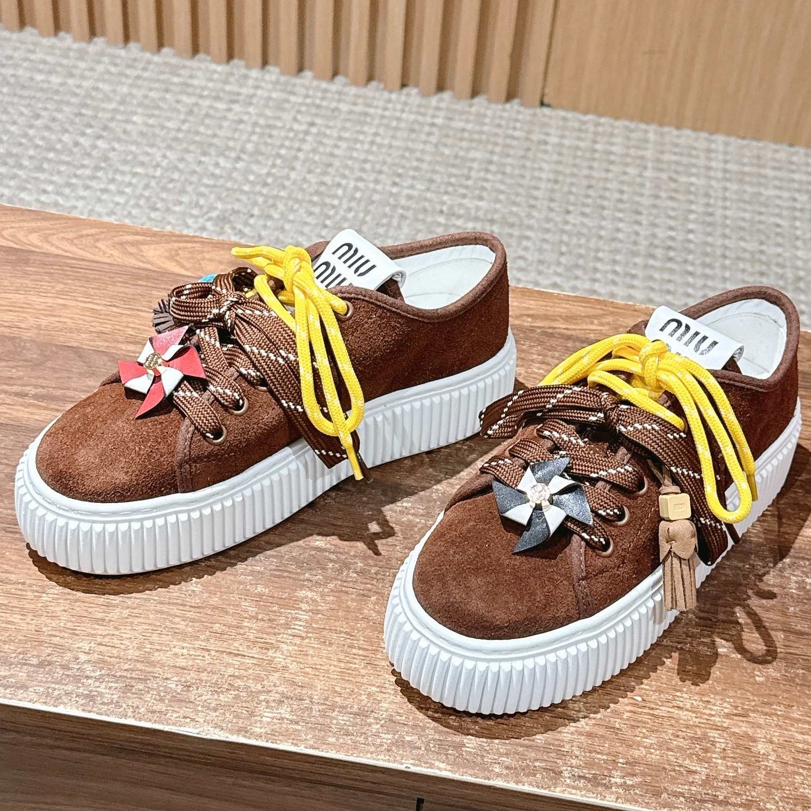 Miumiu 25 Platform Sneakers Brown Yellow Suede Wool 553691