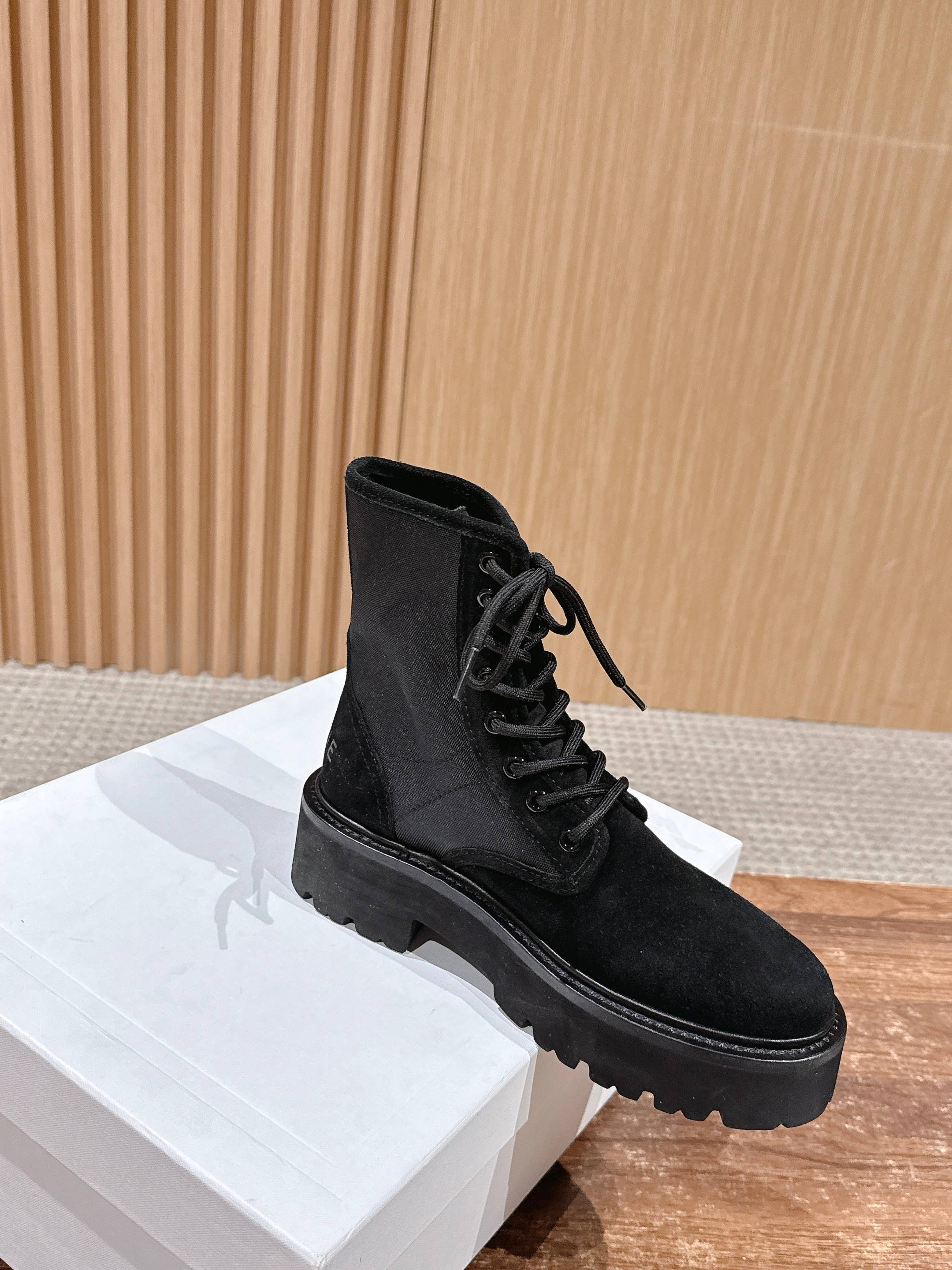 Celine 25 Bulky Lace-up Boot Black Suede 554011