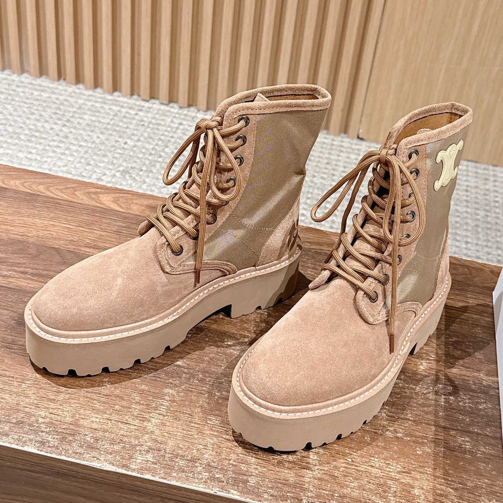 Celine 25 Bulky Lace-up Boot Tan Suede 554012