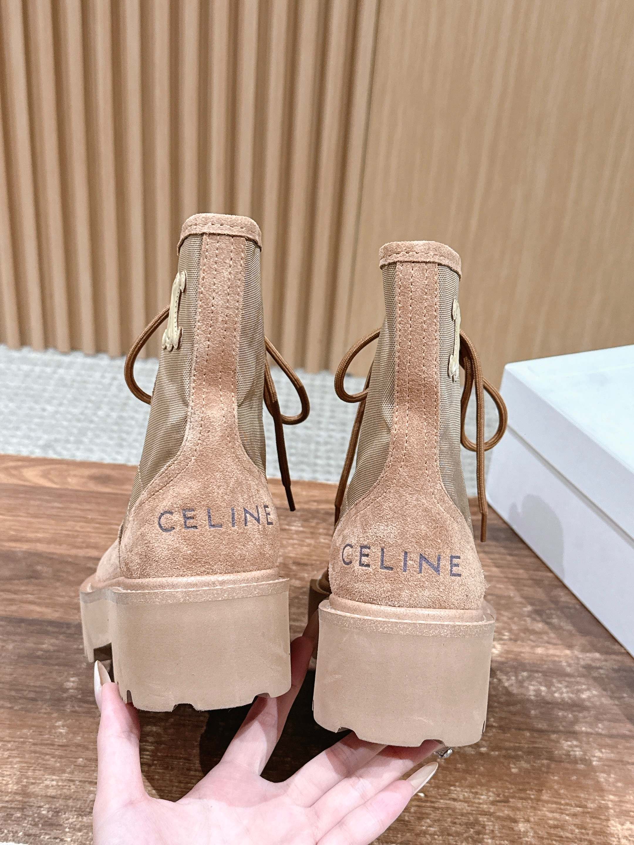 Celine 25 Bulky Lace-up Boot Tan Suede 554012