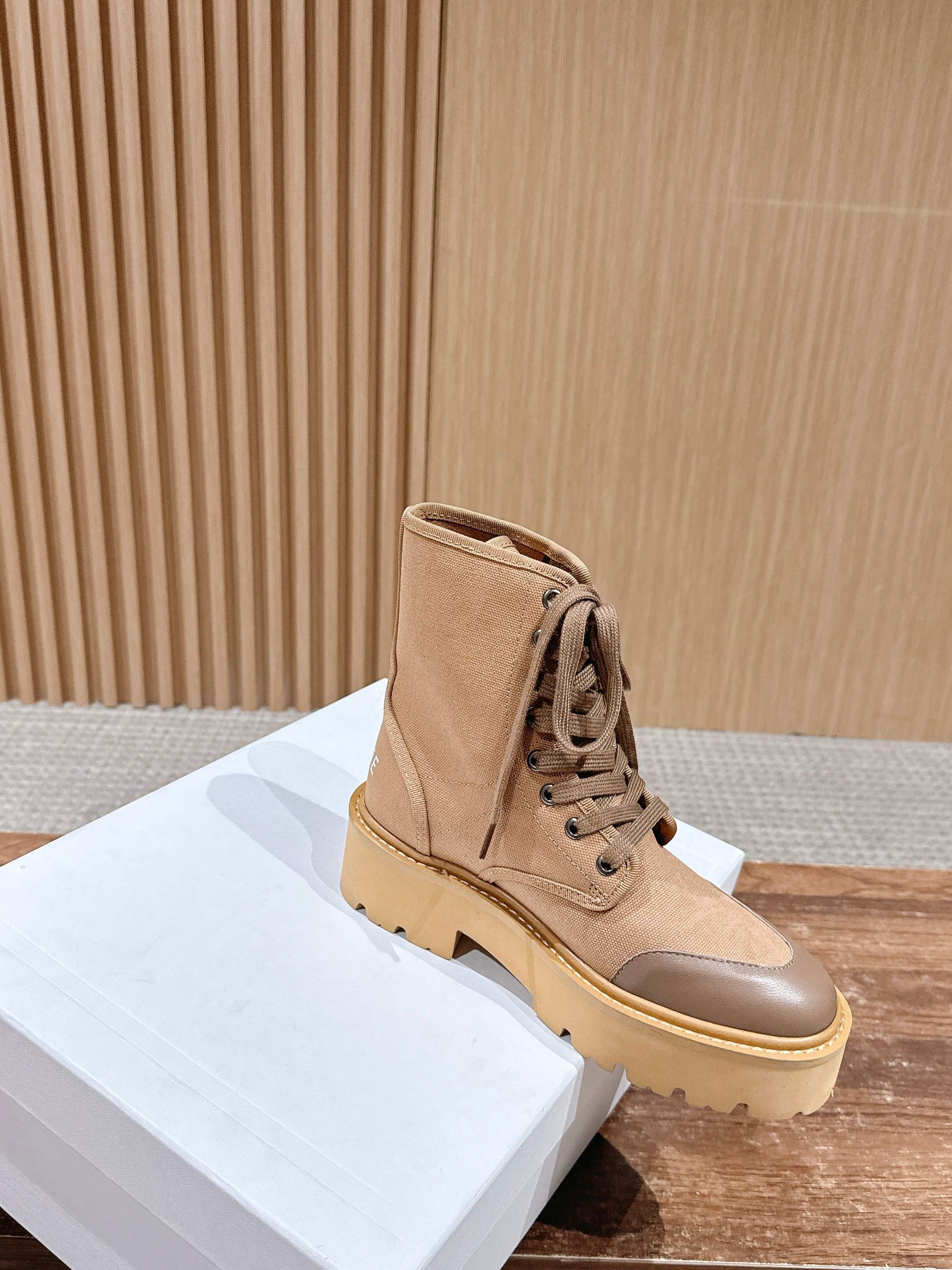 Celine 25 Bulky Lace-up Boot Tan Canvas Calfskin 554014