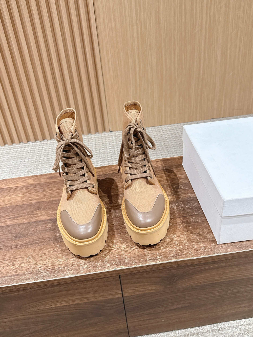 Celine 25 Bulky Lace-up Boot Tan Canvas Calfskin 554014