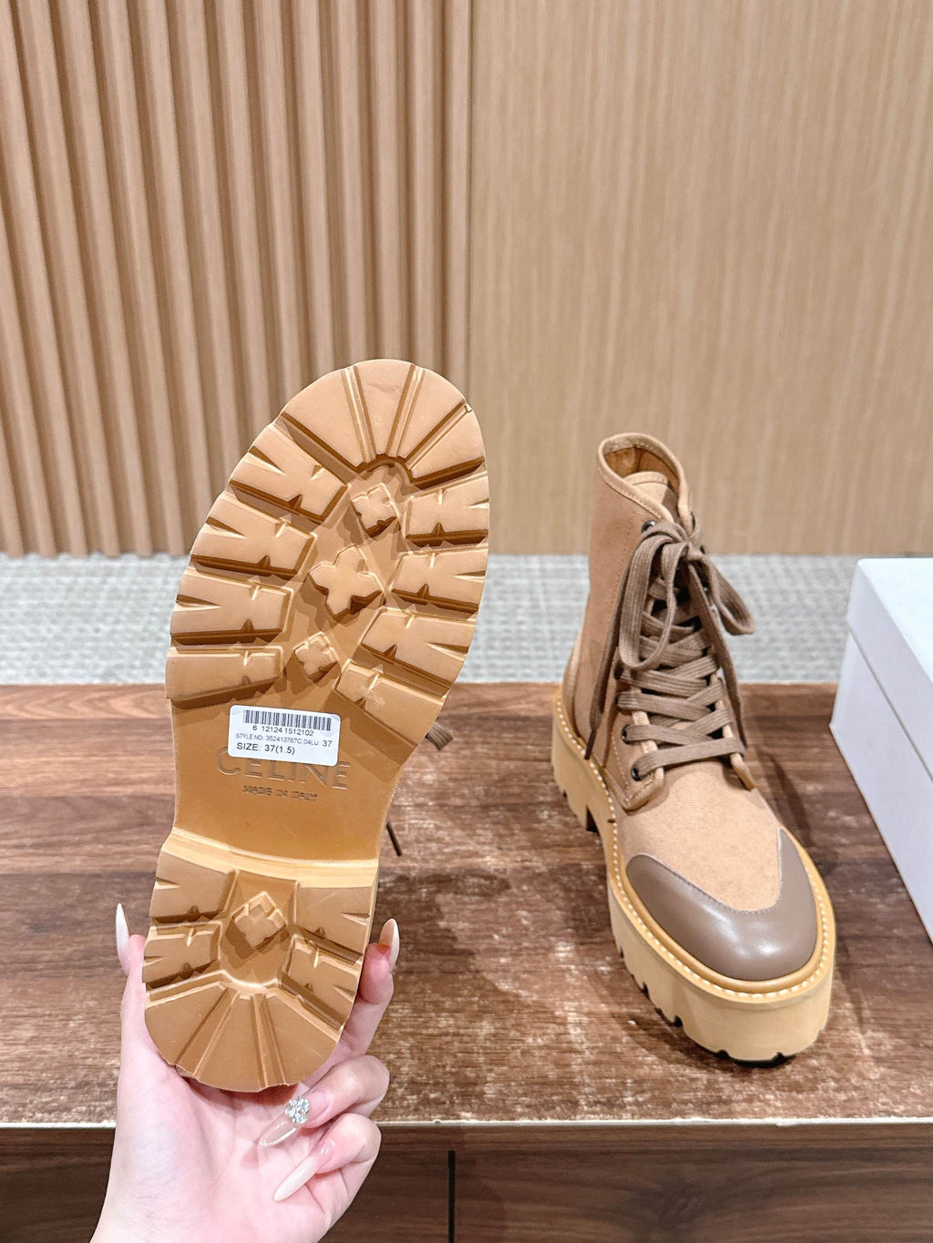 Celine 25 Bulky Lace-up Boot Tan Canvas Calfskin 554014