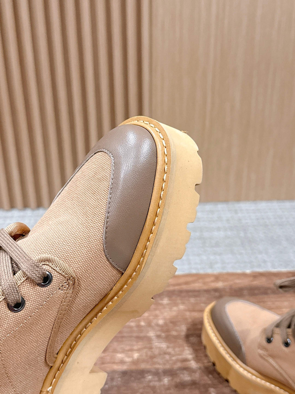 Celine 25 Bulky Lace-up Boot Tan Canvas Calfskin 554014