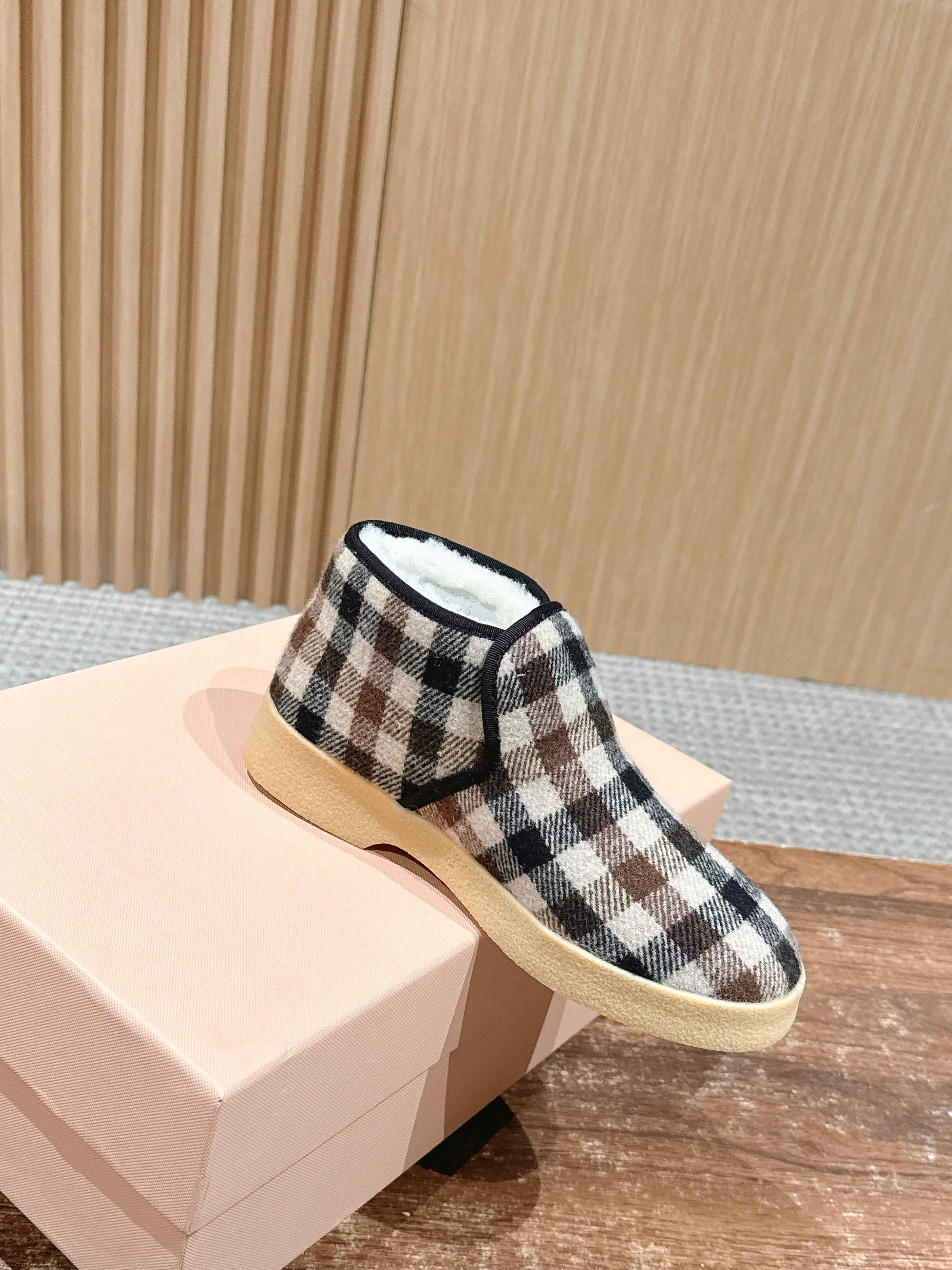 Miumiu 25 Plaid Slip-on Boot Black Brown Mix White Suede Wool 553702