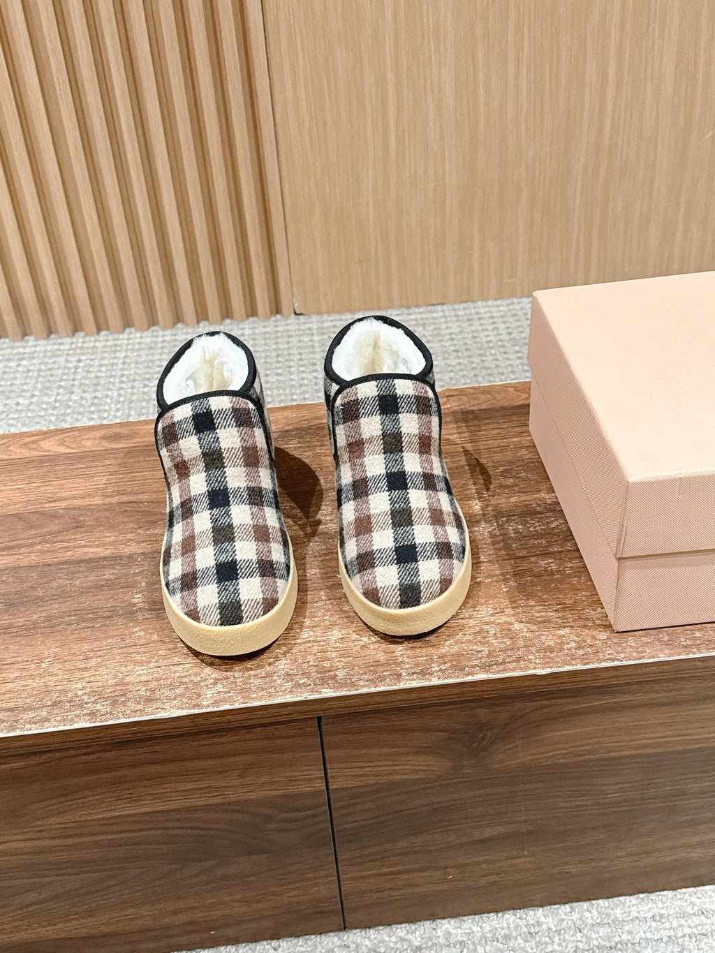 Miumiu 25 Plaid Slip-on Boot Black Brown Mix White Suede Wool 553702