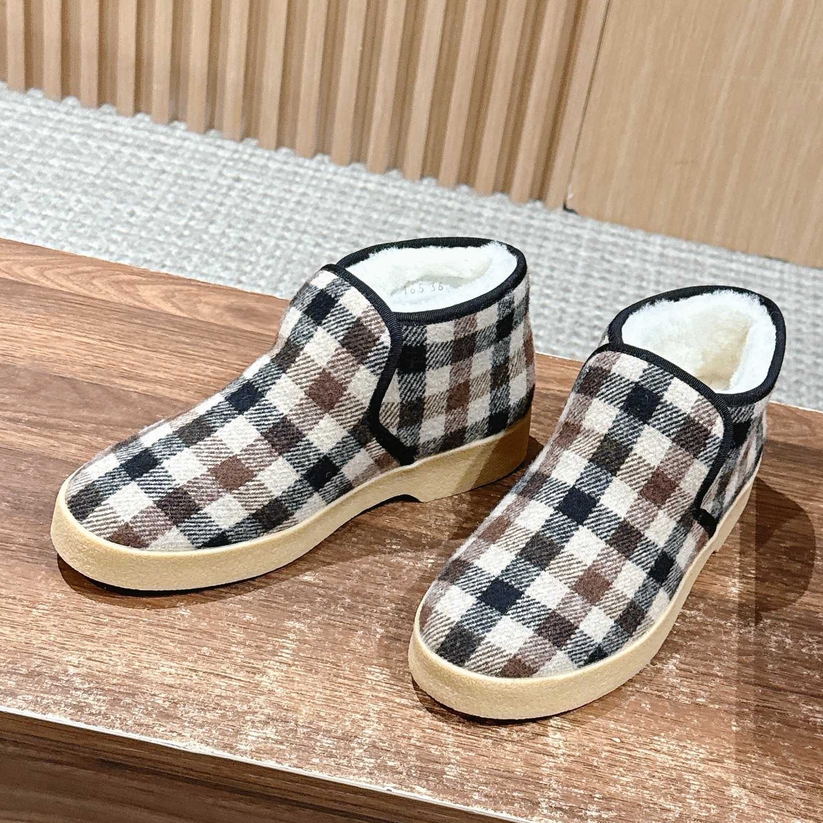 Miumiu 25 Plaid Slip-on Boot Black Brown Mix White Suede Wool 553702