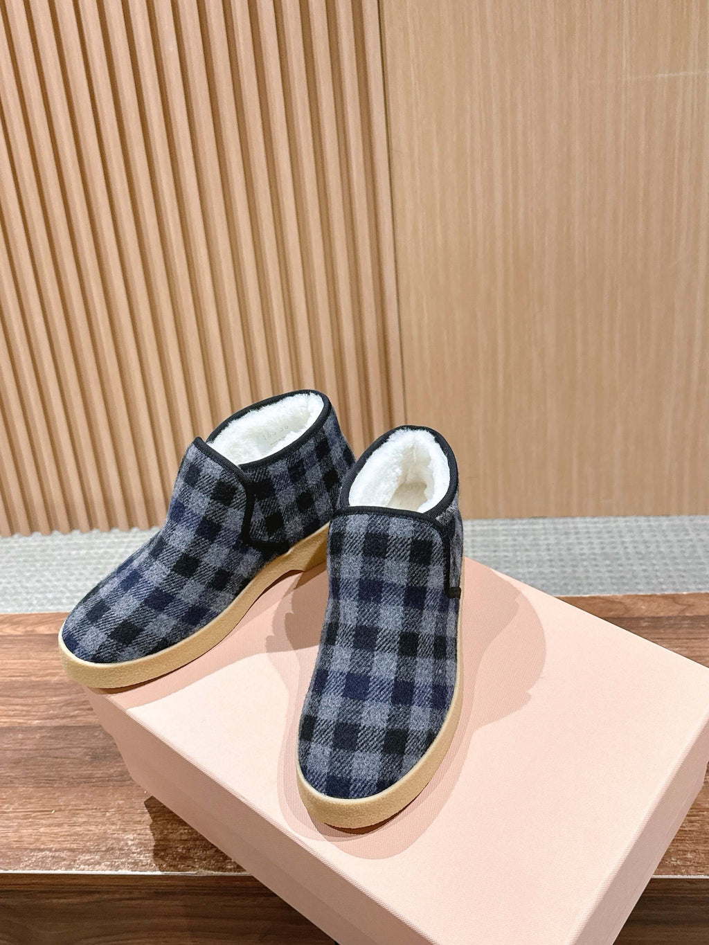 Miumiu 25 Plaid Slip-on Boot Blue Mix White Suede Wool 553703