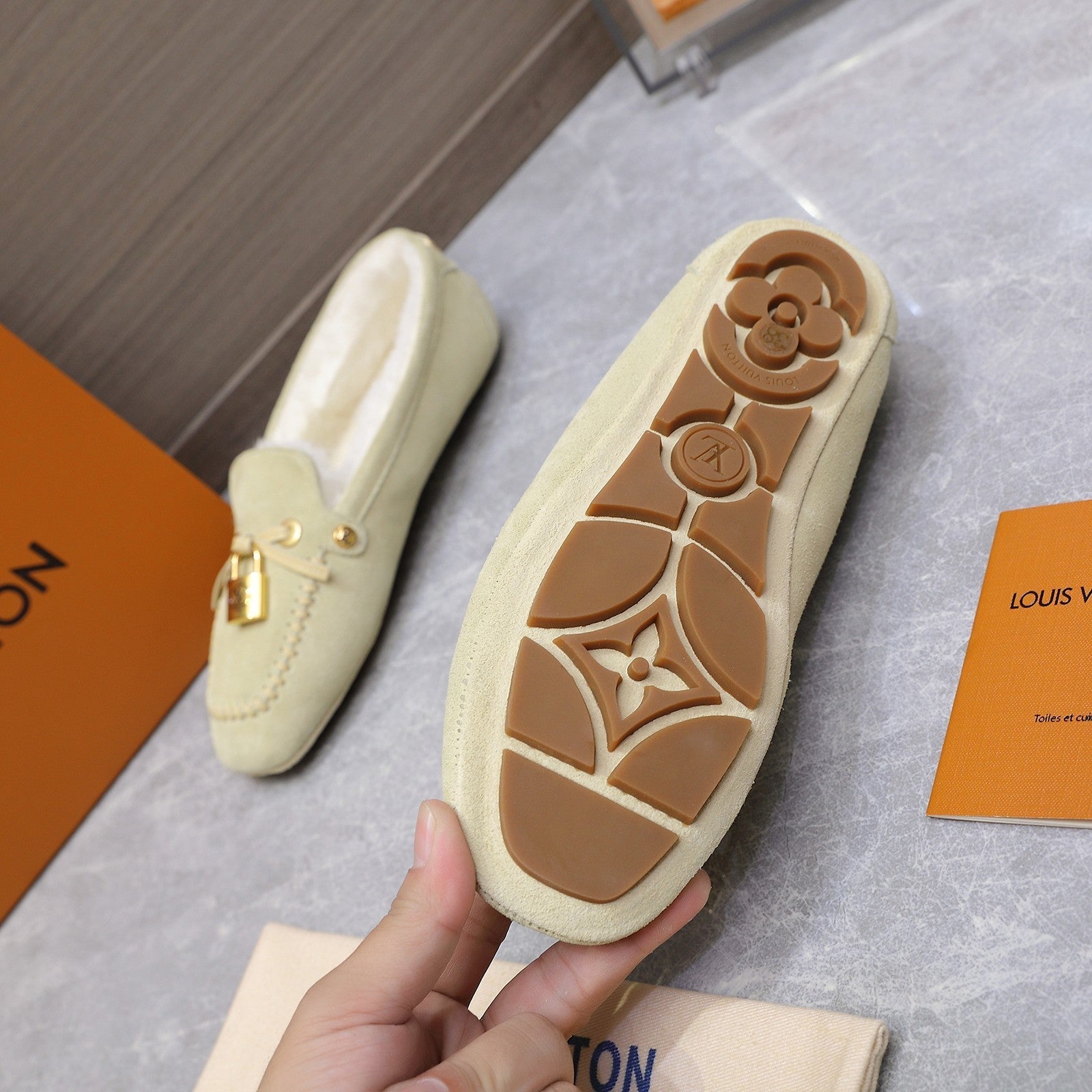 LV Flore Car Shoe Light Sand Suede Wool 547248
