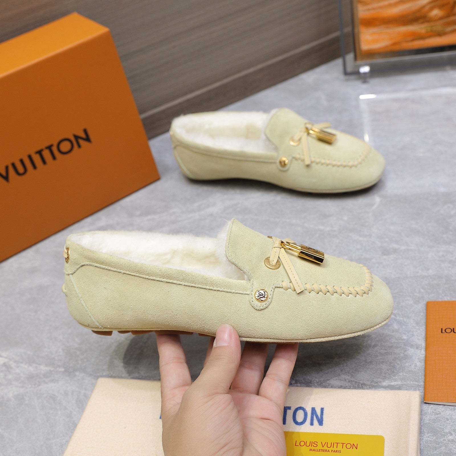 LV Flore Car Shoe Light Sand Suede Wool 547248