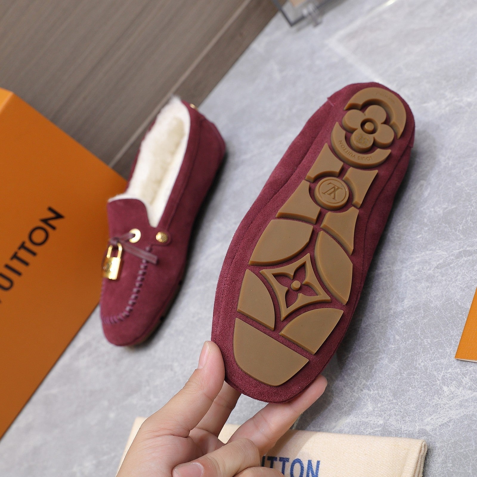 LV Flore Car Shoe Burgundy Suede Wool 547250