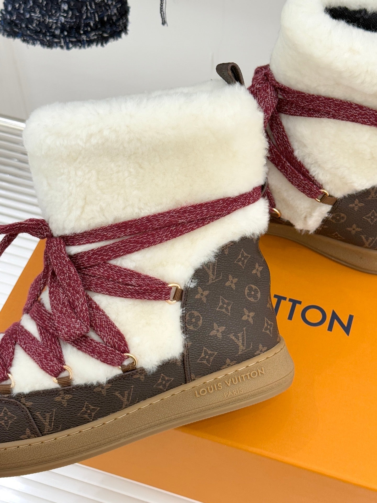 LV Cloud Lace-Up Ankle Boot Sneaker White - Red Shearling Monogram Canvas 572469