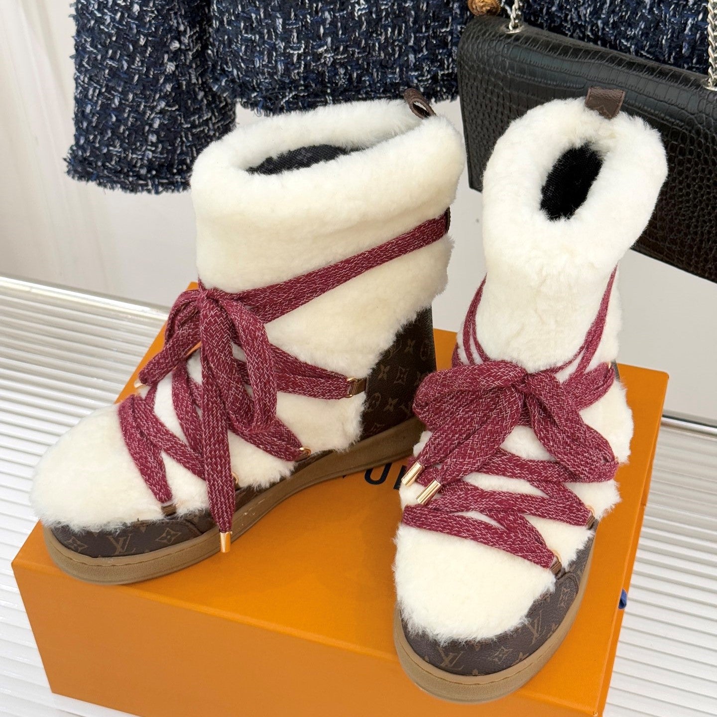 LV Cloud Lace-Up Ankle Boot Sneaker White - Red Shearling Monogram Canvas 572469