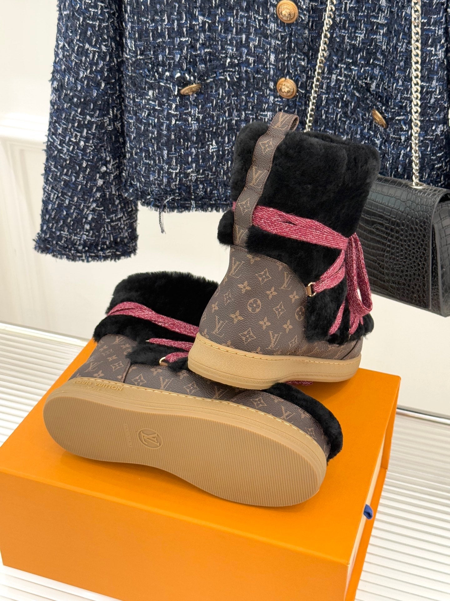 LV Cloud Lace-Up Ankle Boot Sneaker Black-Red Shearling Monogram Canvas 572470