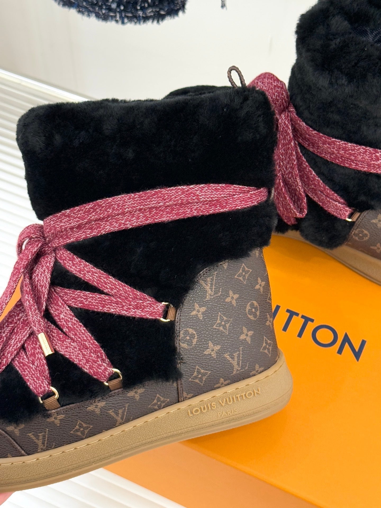 LV Cloud Lace-Up Ankle Boot Sneaker Black-Red Shearling Monogram Canvas 572470