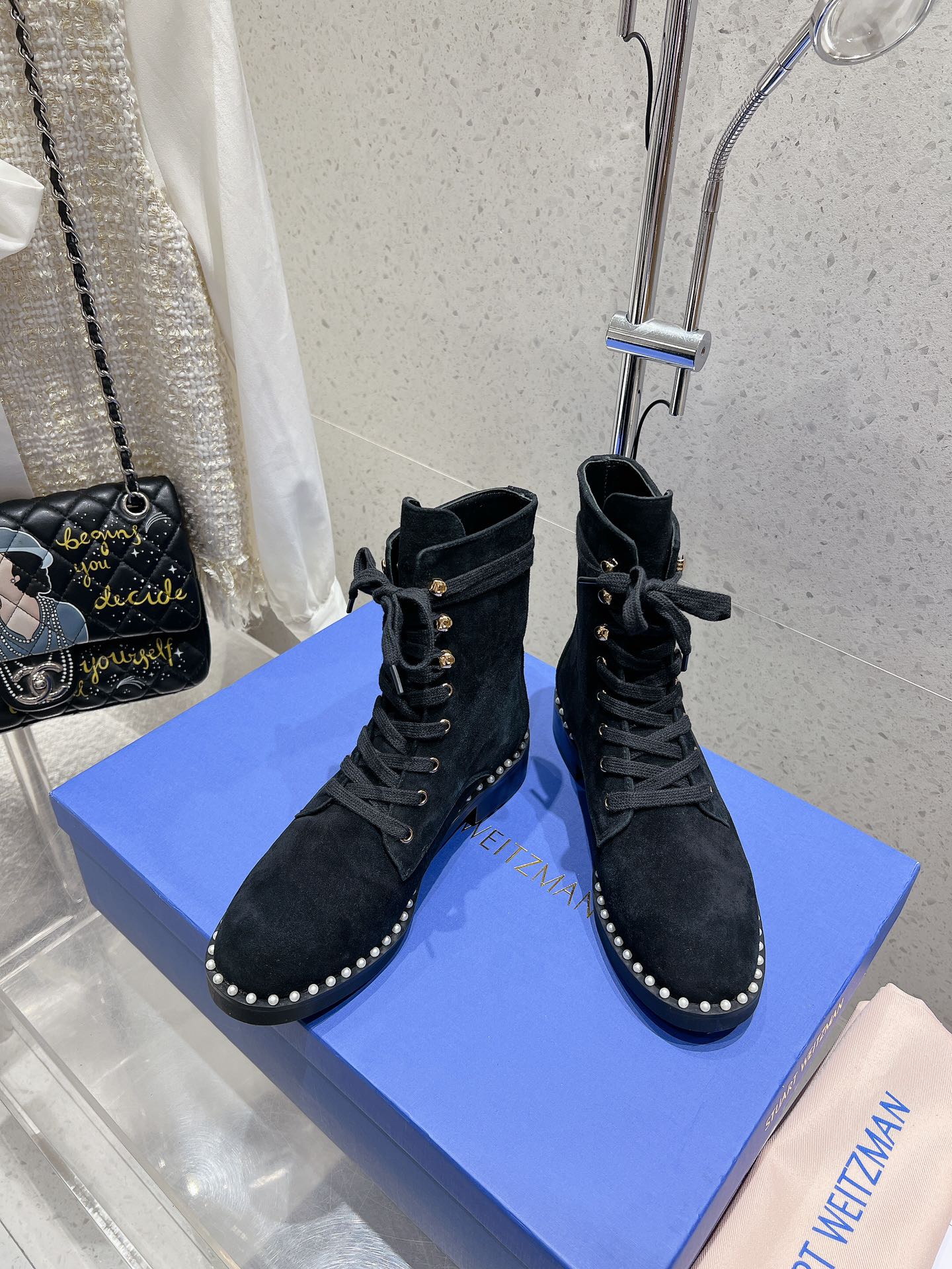 SW Mckenzee Boot with Pearl Chain Black Suede 554360