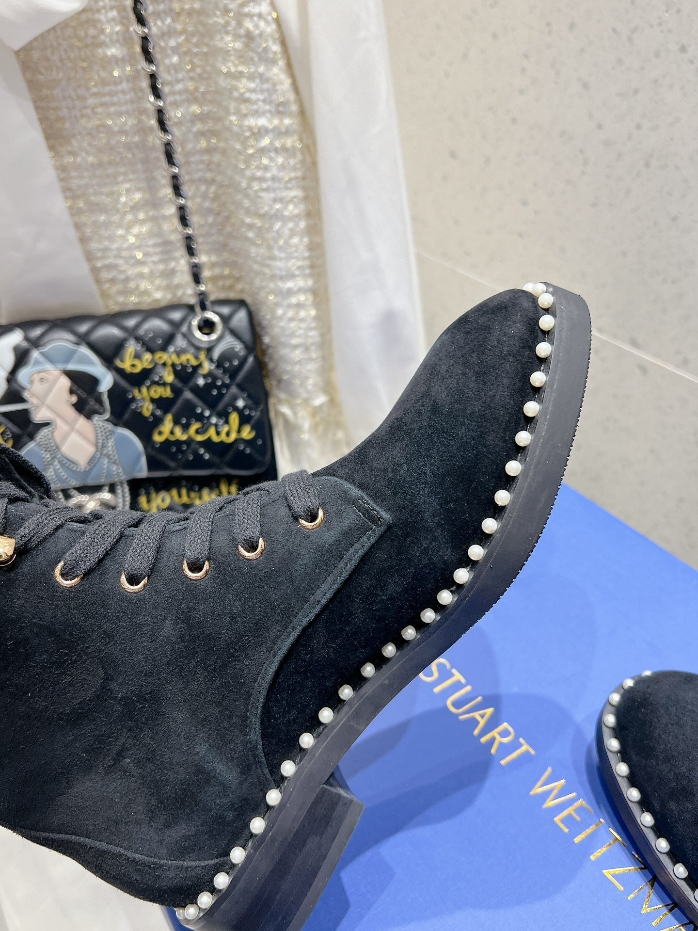 SW Mckenzee Boot with Pearl Chain Black Suede 554360