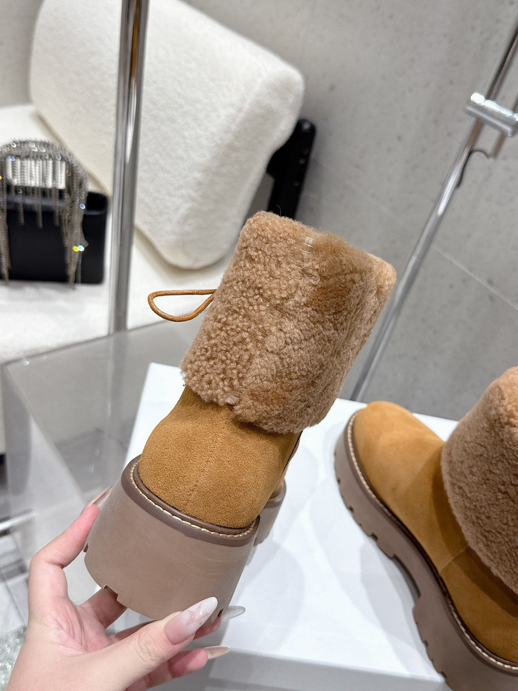 Celine 25 Fur-lined Ankle Boot Tan Suede Wool 554185