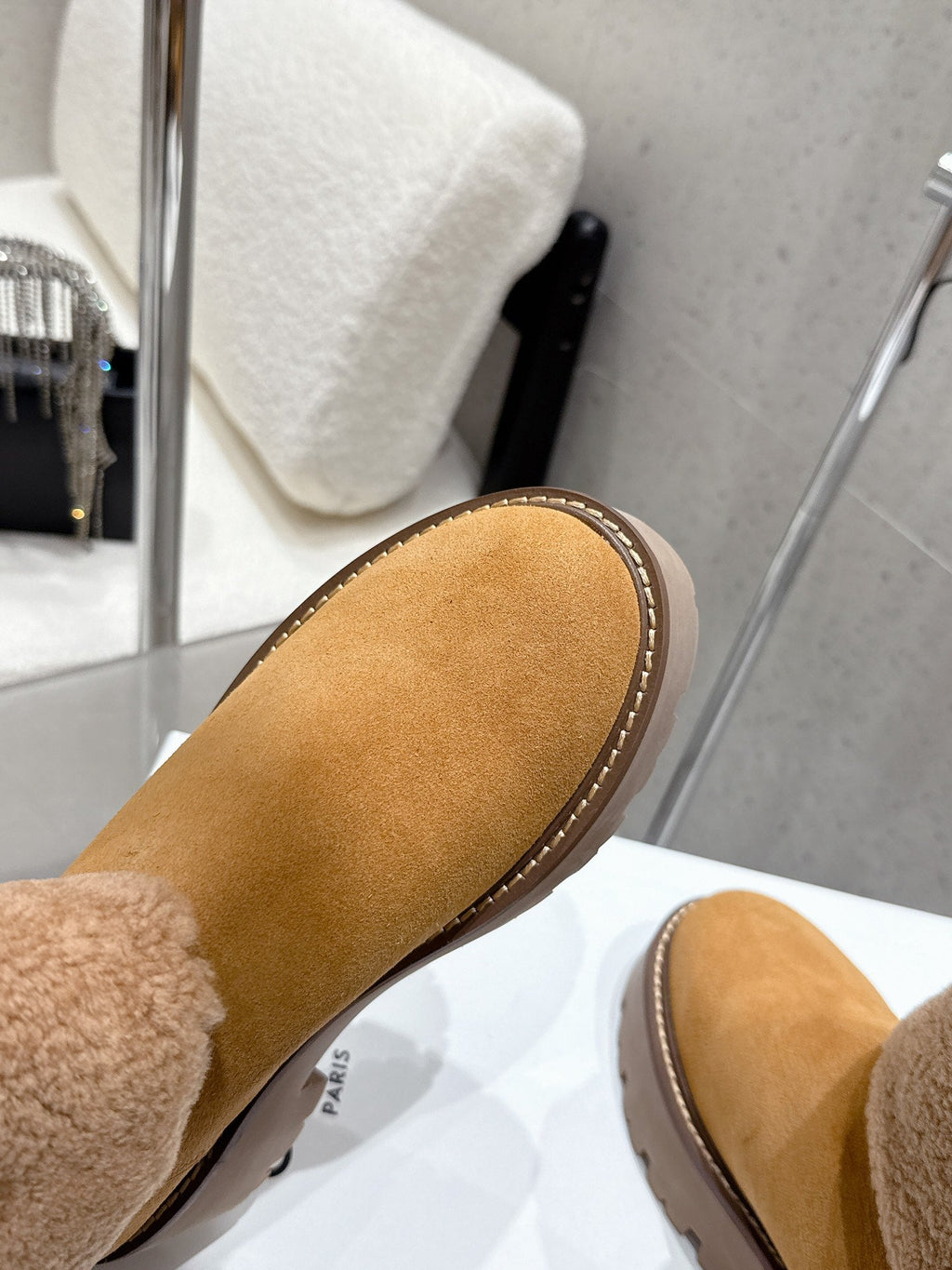 Celine 25 Fur-lined Ankle Boot Tan Suede Wool 554185