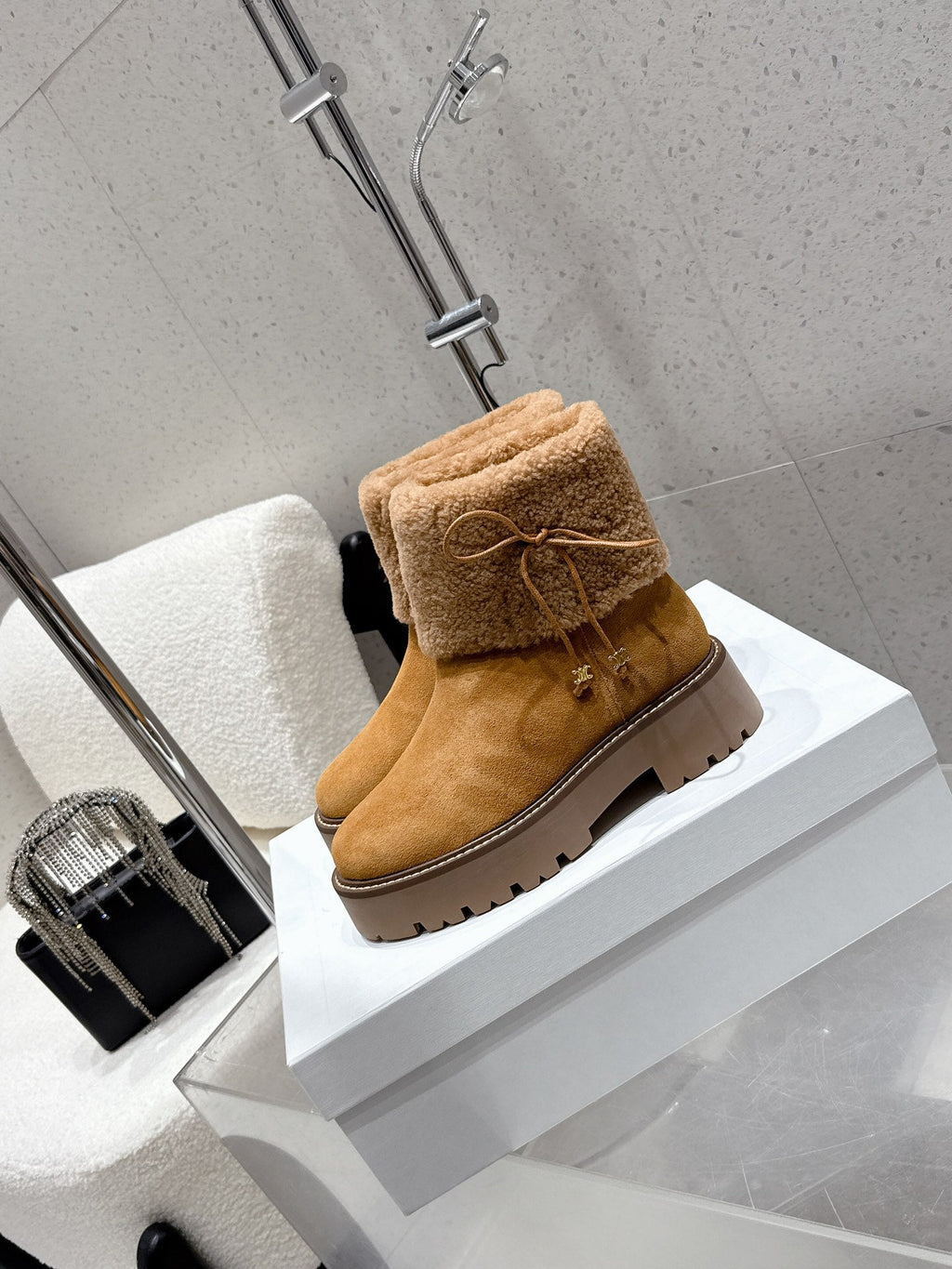 Celine 25 Fur-lined Ankle Boot Tan Suede Wool 554185