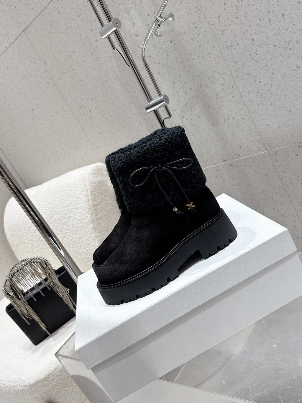 Celine 25 Fur-lined Ankle Boot Black Suede Wool 554186