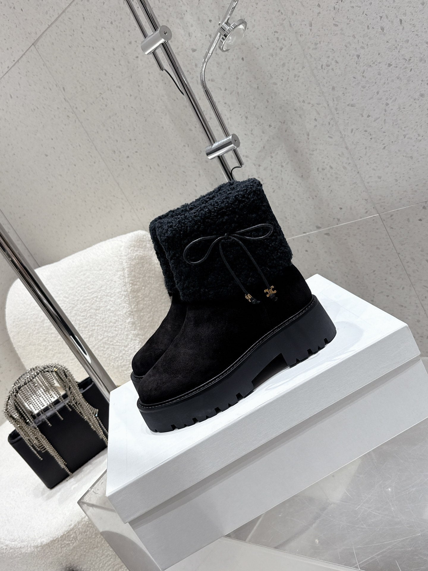 Celine 25 Fur-lined Ankle Boot Black Suede Wool 554186