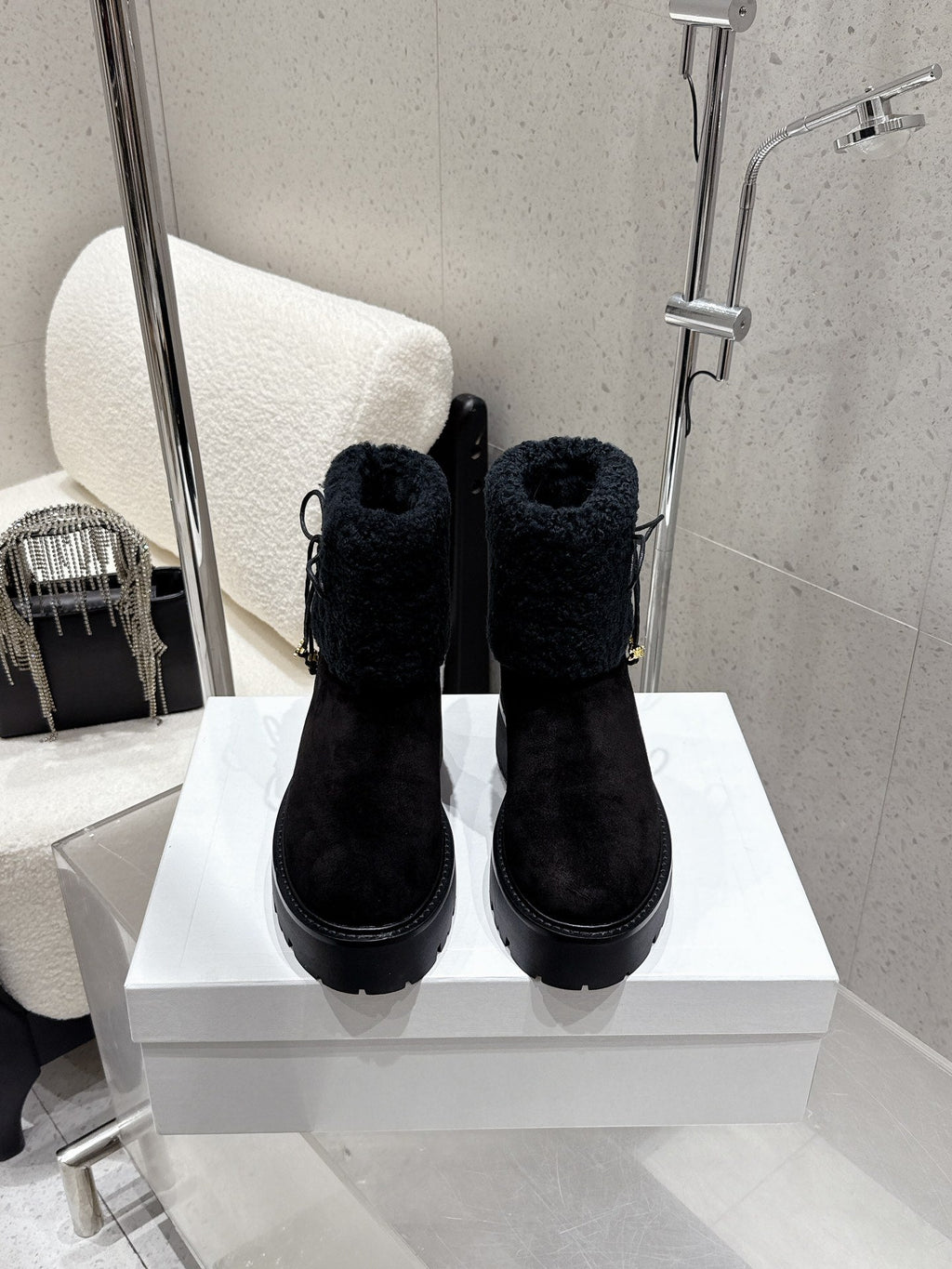 Celine 25 Fur-lined Ankle Boot Black Suede Wool 554186