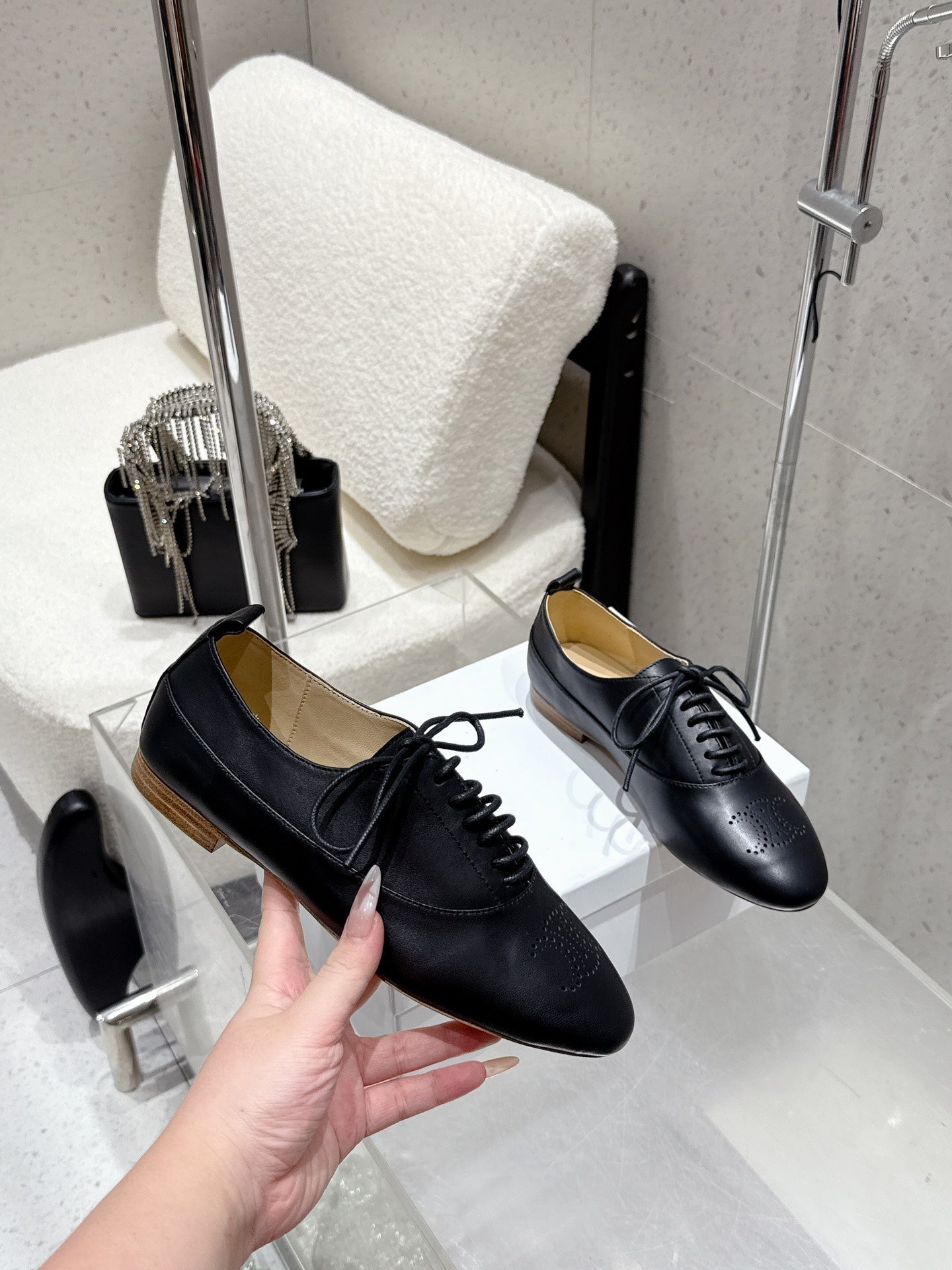 Celine 25 Lise Perforated Triomphe Richelieu Shoe Black Lambskin 554195