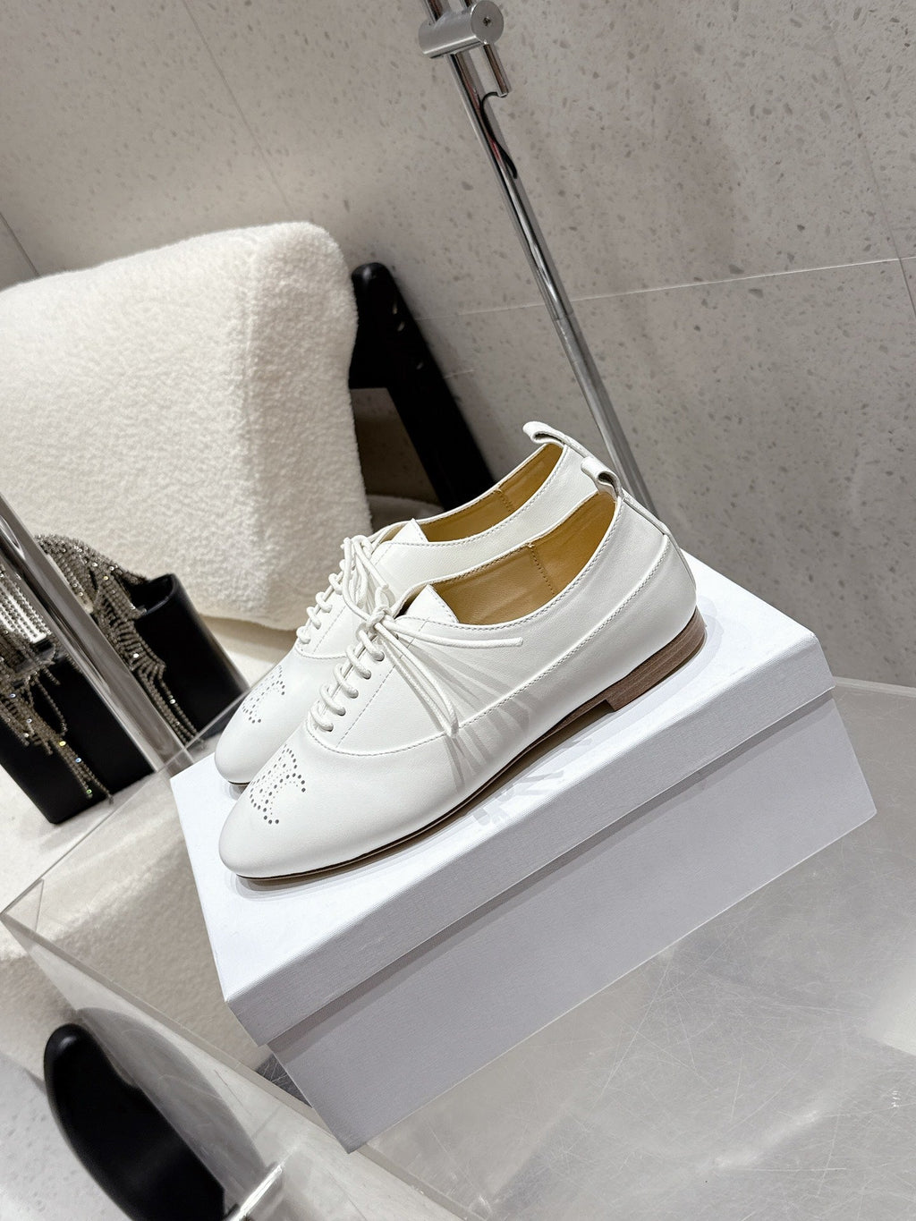 Celine 25 Lise Perforated Triomphe Richelieu Shoe White Lambskin 554196