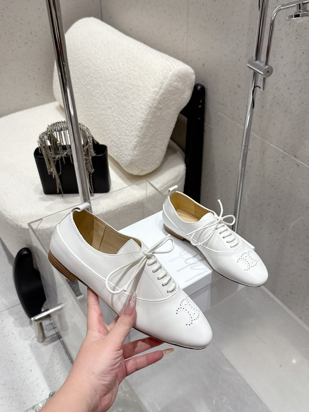 Celine 25 Lise Perforated Triomphe Richelieu Shoe White Lambskin 554196