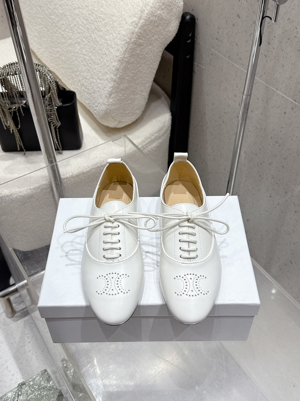 Celine 25 Lise Perforated Triomphe Richelieu Shoe White Lambskin 554196