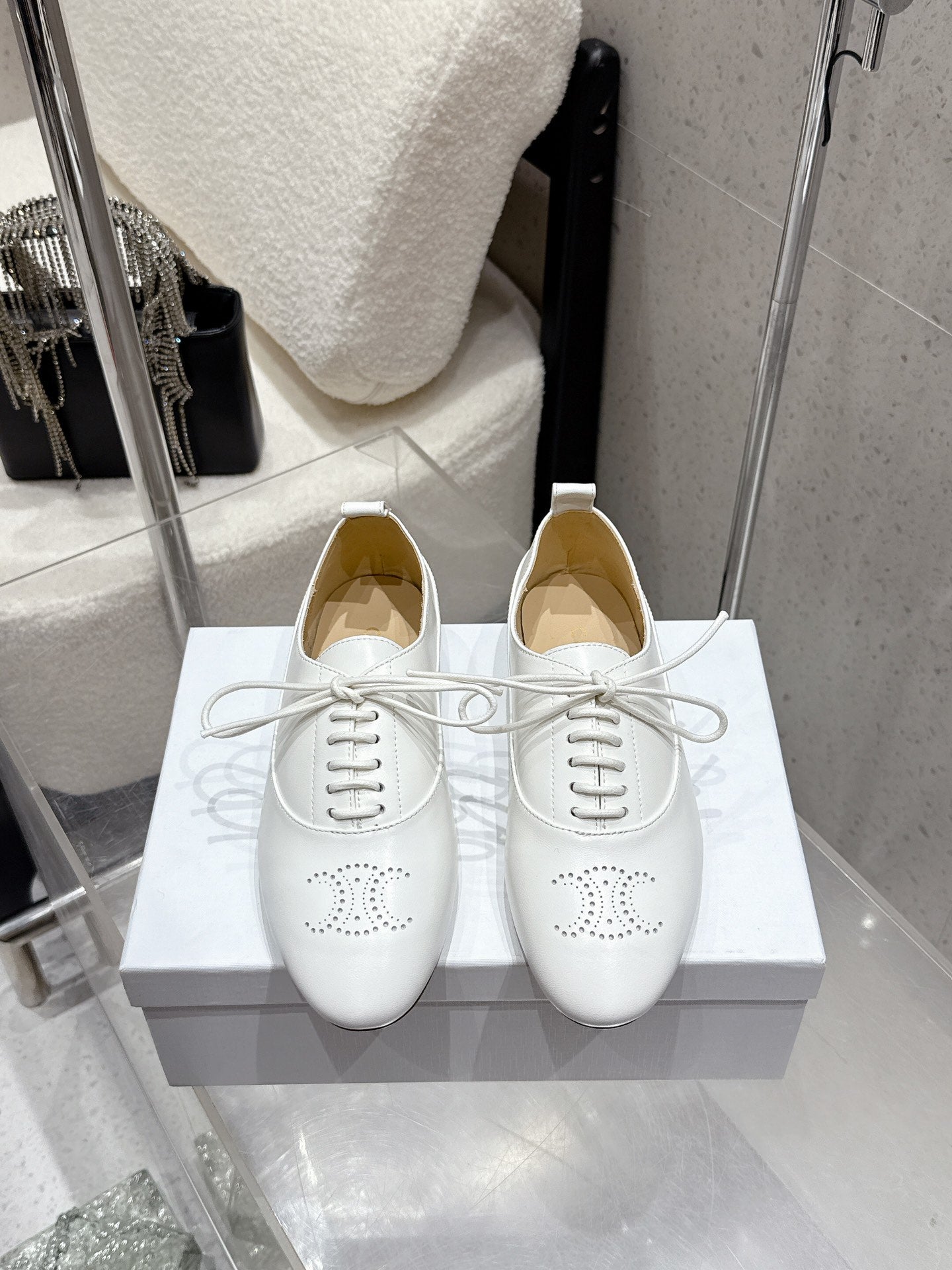 Celine 25 Lise Perforated Triomphe Richelieu Shoe White Lambskin 554196