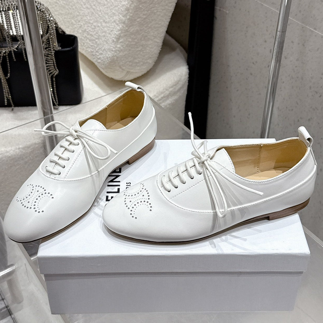 Celine 25 Lise Perforated Triomphe Richelieu Shoe White Lambskin 554196