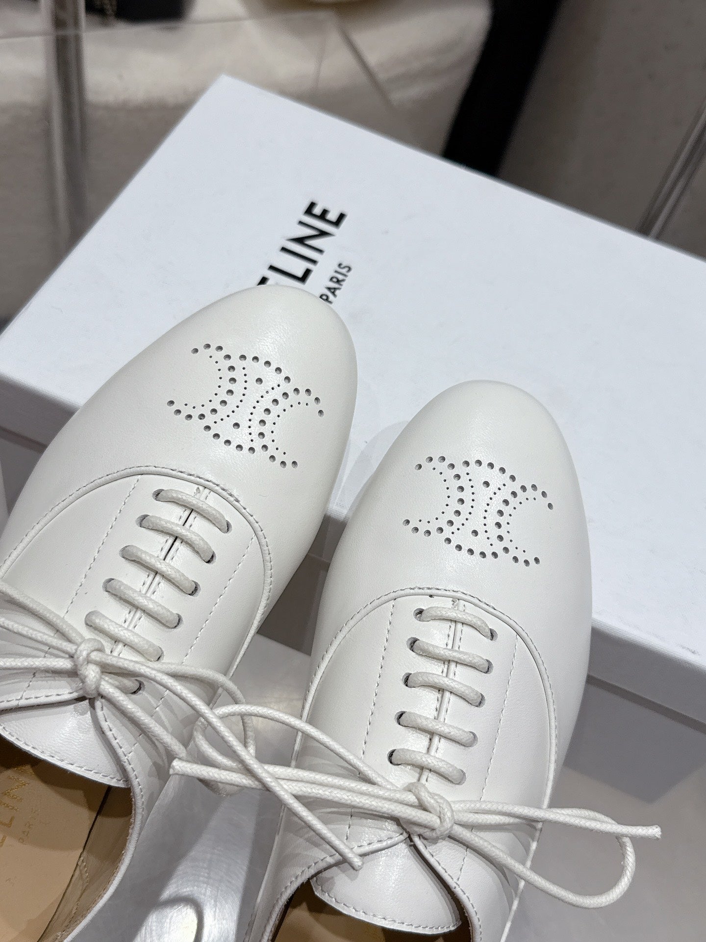 Celine 25 Lise Perforated Triomphe Richelieu Shoe White Lambskin 554196