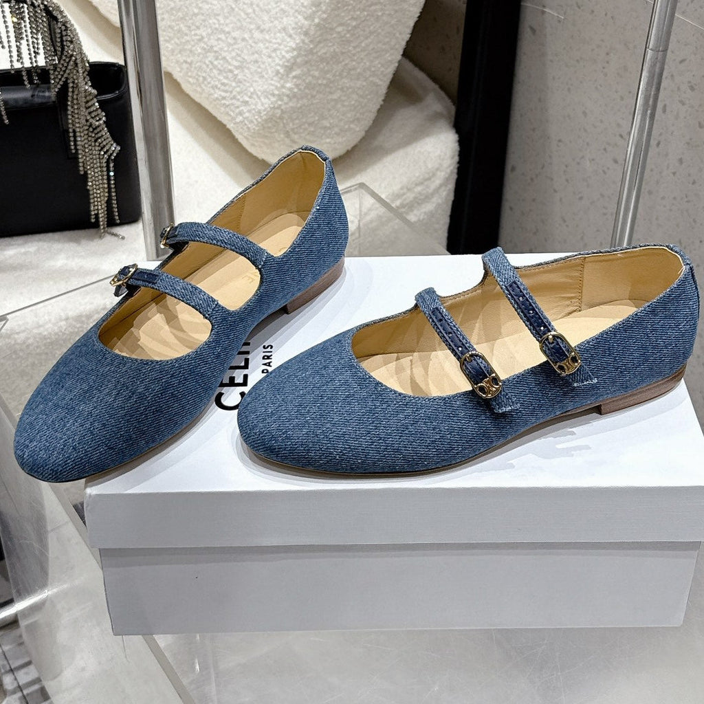 Celine 25 Ballet Flat Leopard Denim Fabric mix Cowhide 554200