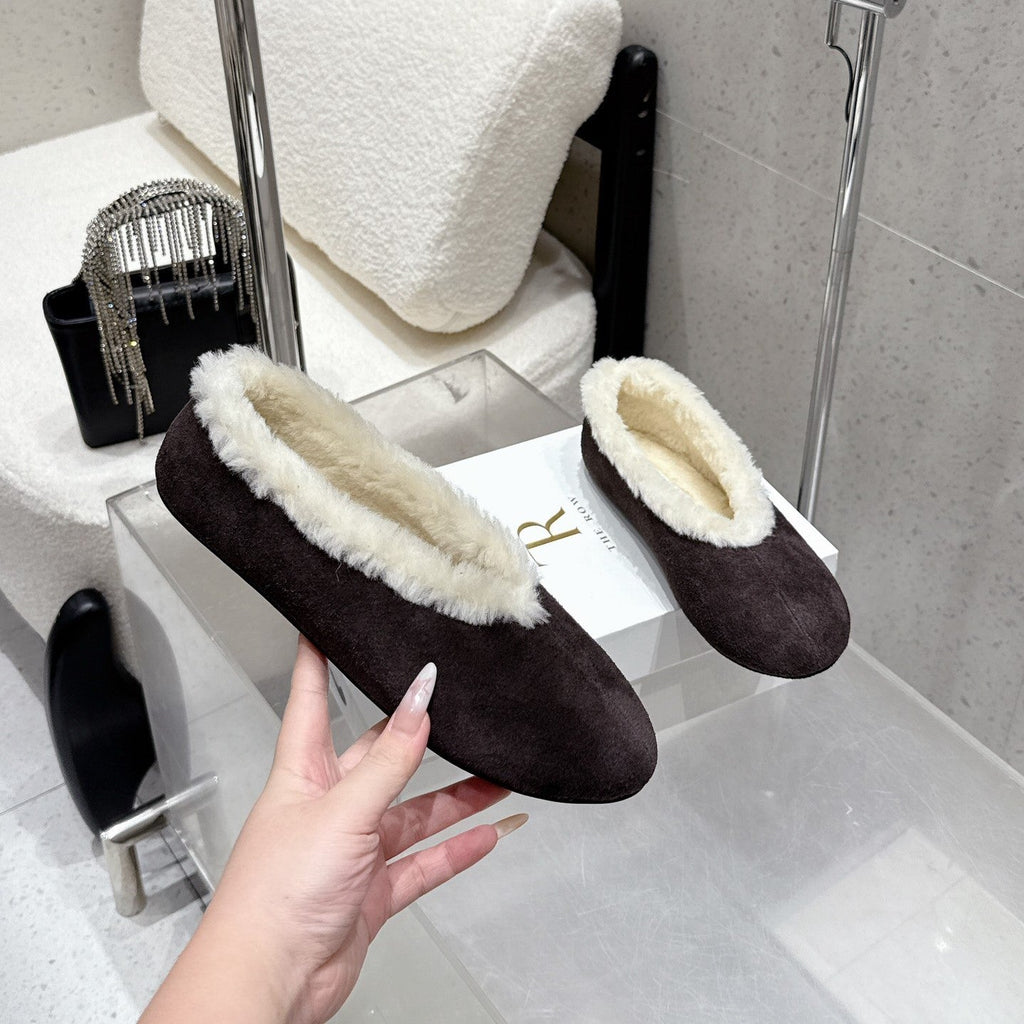 The Row 25ss Ballet Flat Dark Brown Nubuck Leather Fur 554386