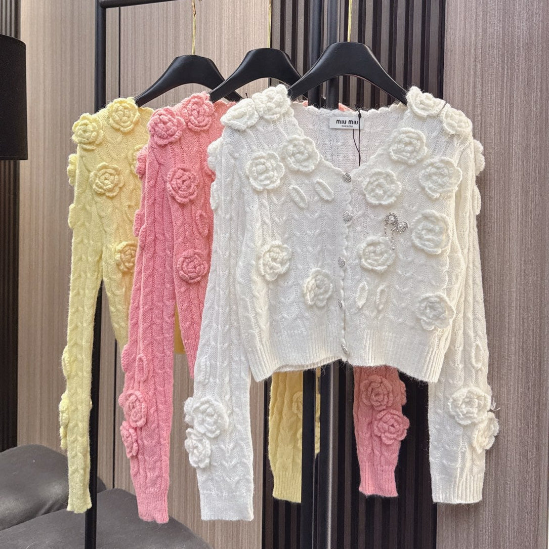 Miumiu 2025 Flower Cropped Knit Cardigan Wool Cotton