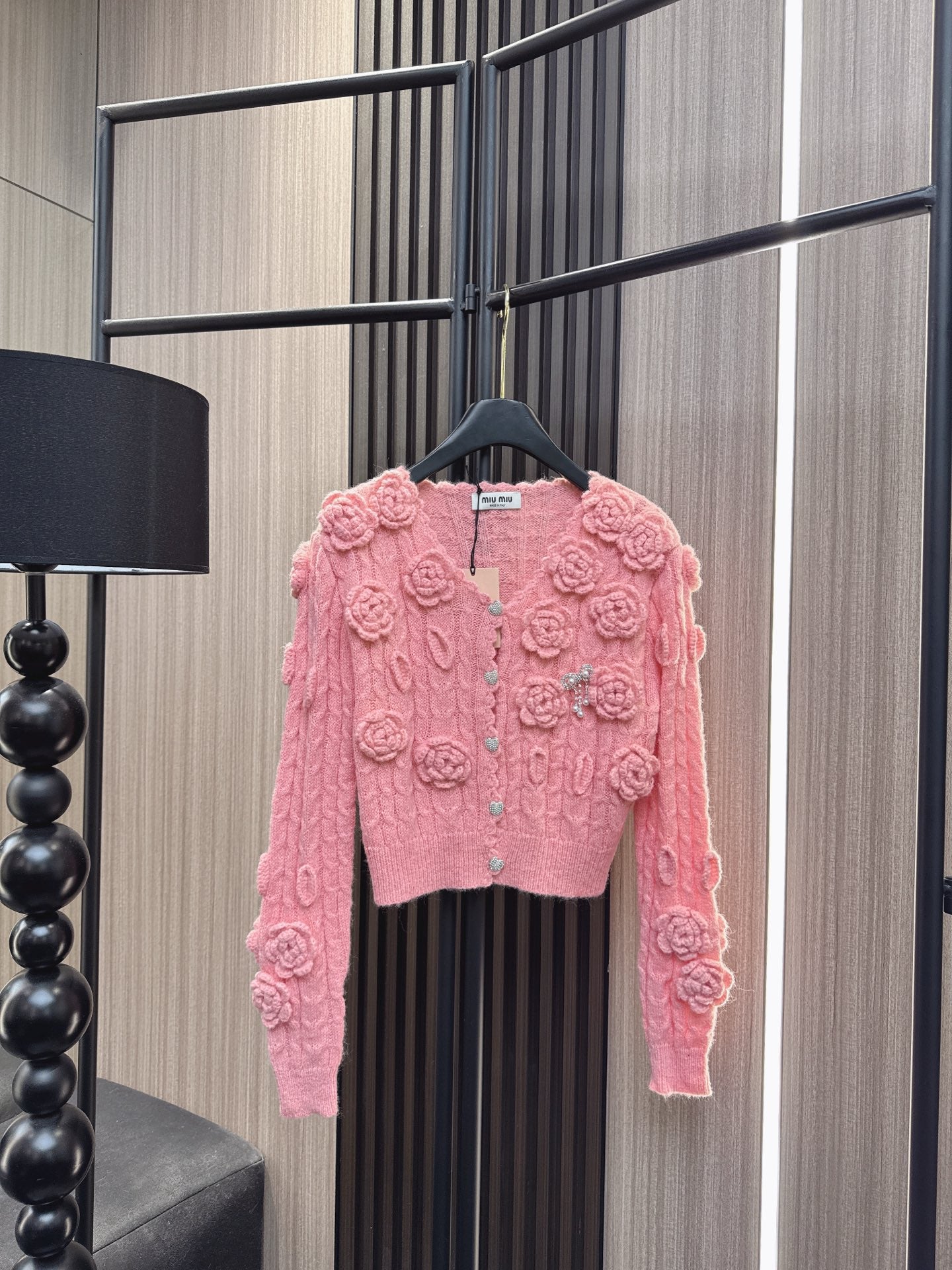 Miumiu 2025 Flower Cropped Knit Cardigan Wool Cotton