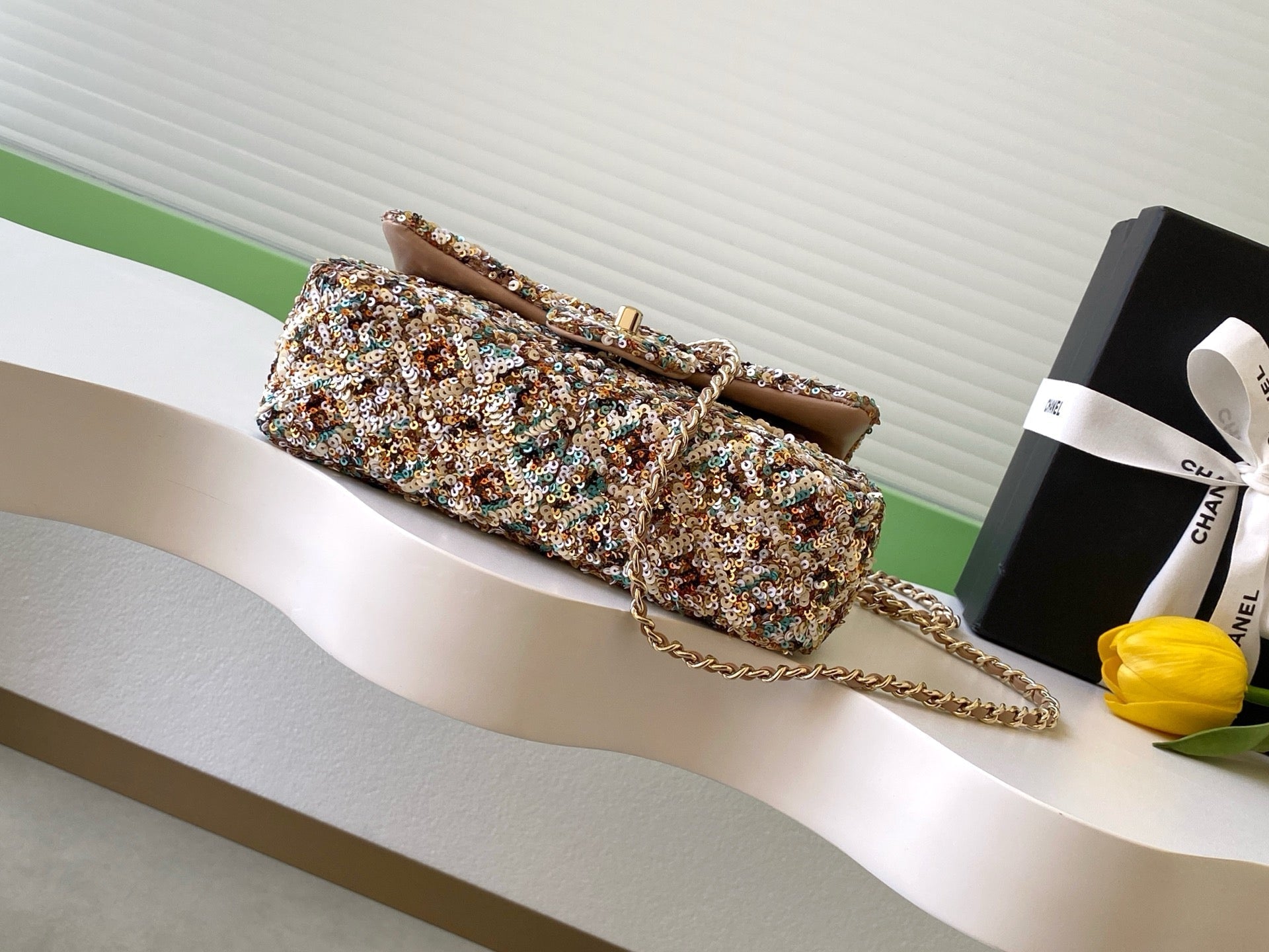 Chanel 2025 Flap Bag 21cm Beige mix Colors Sequin Leather 320284