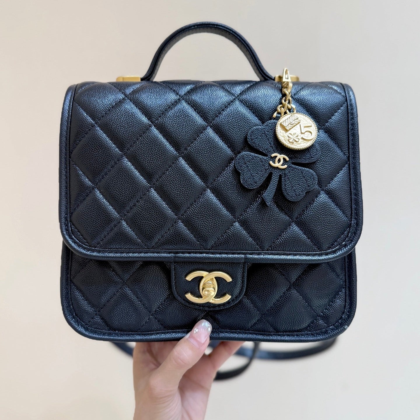 Chanel 2025 Four-Leaf Clover Backpack Black Gold Caviar Leather 342116