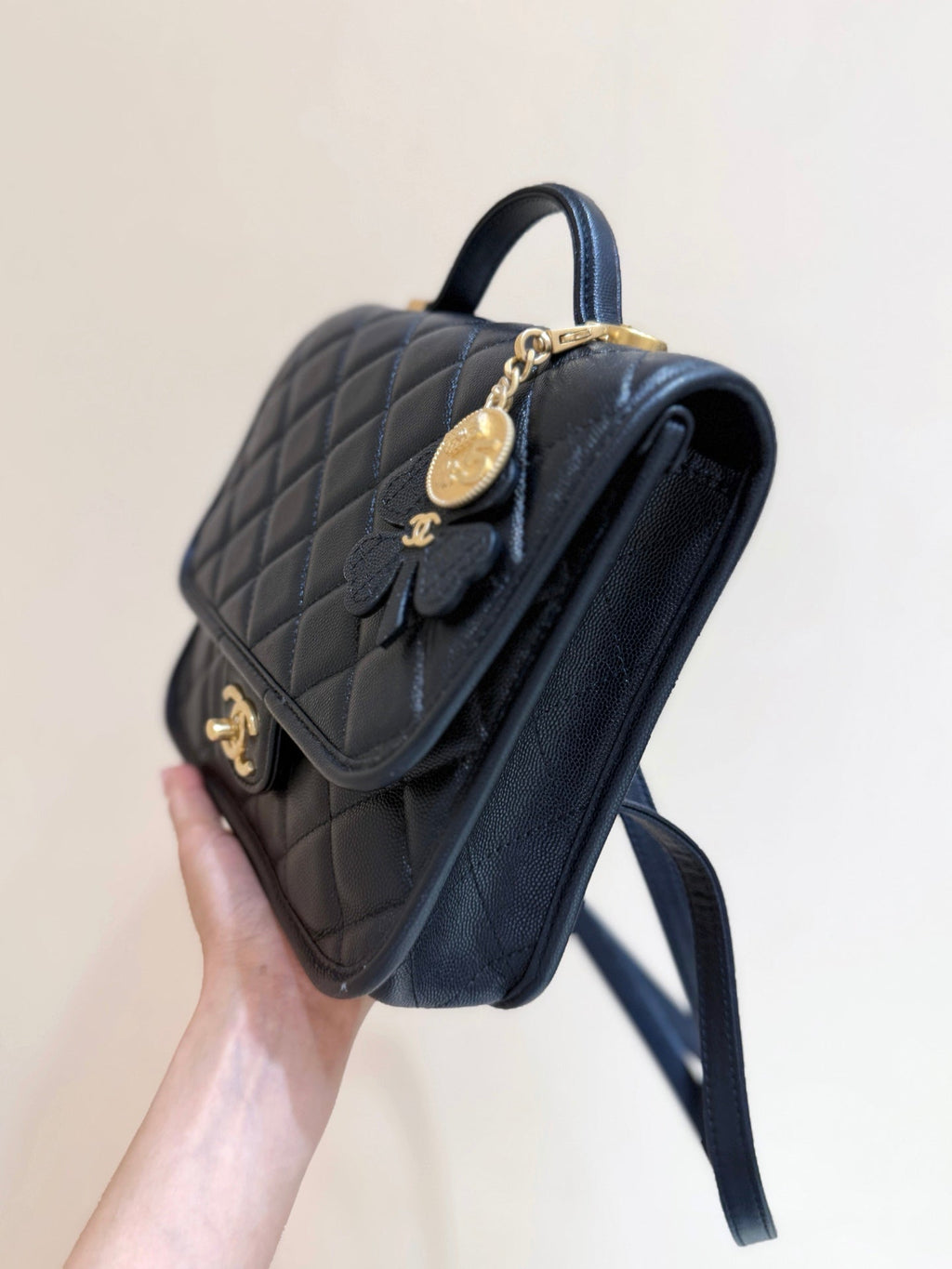 Chanel 2025 Four-Leaf Clover Backpack Black Gold Caviar Leather 342116