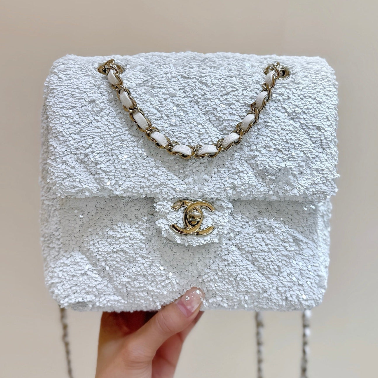 Chanel 2025 Backpack White Sequin Lambskin 346043