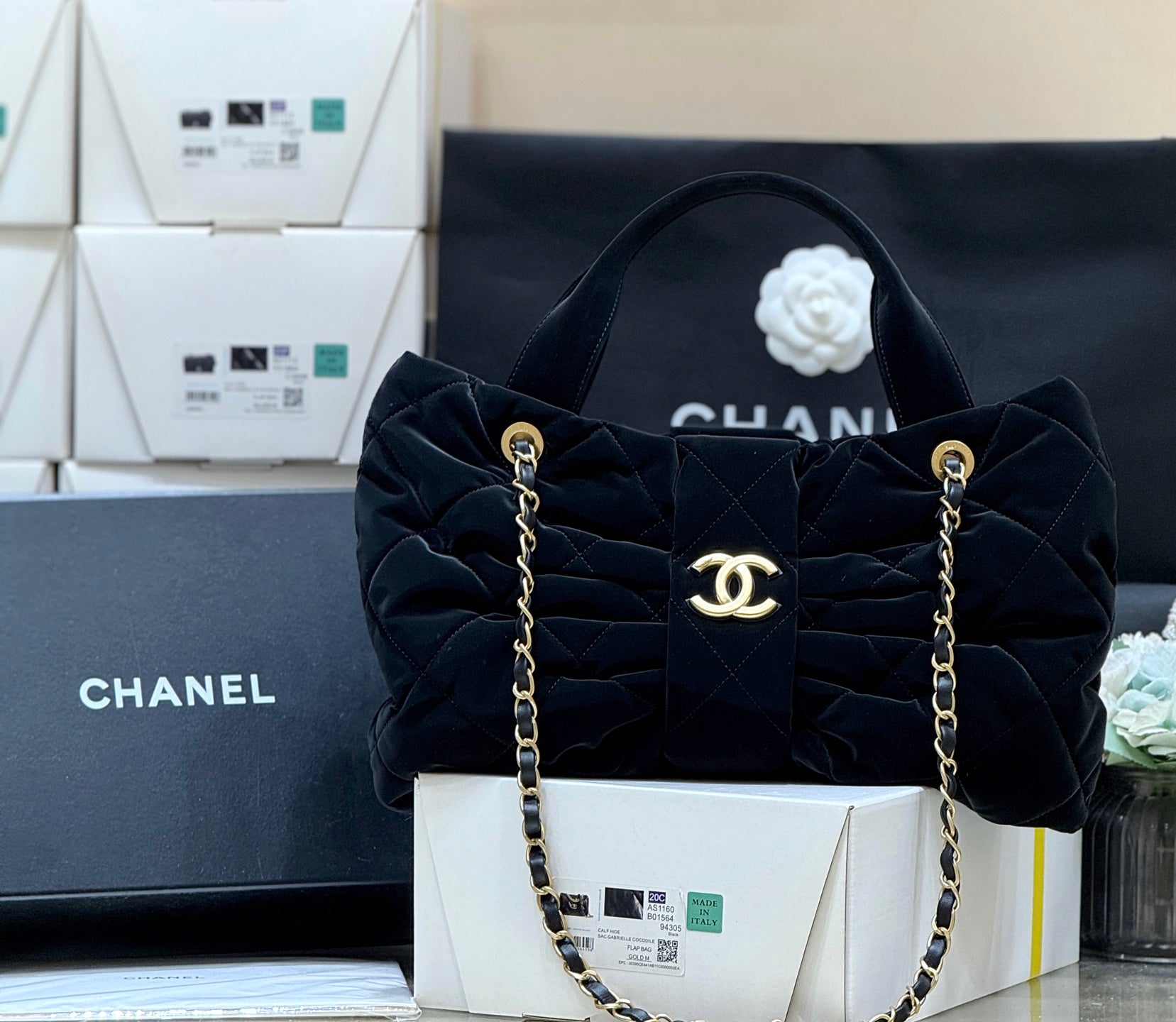 Chanel 2025 Bow Bag 38cm Black Velvet 346058